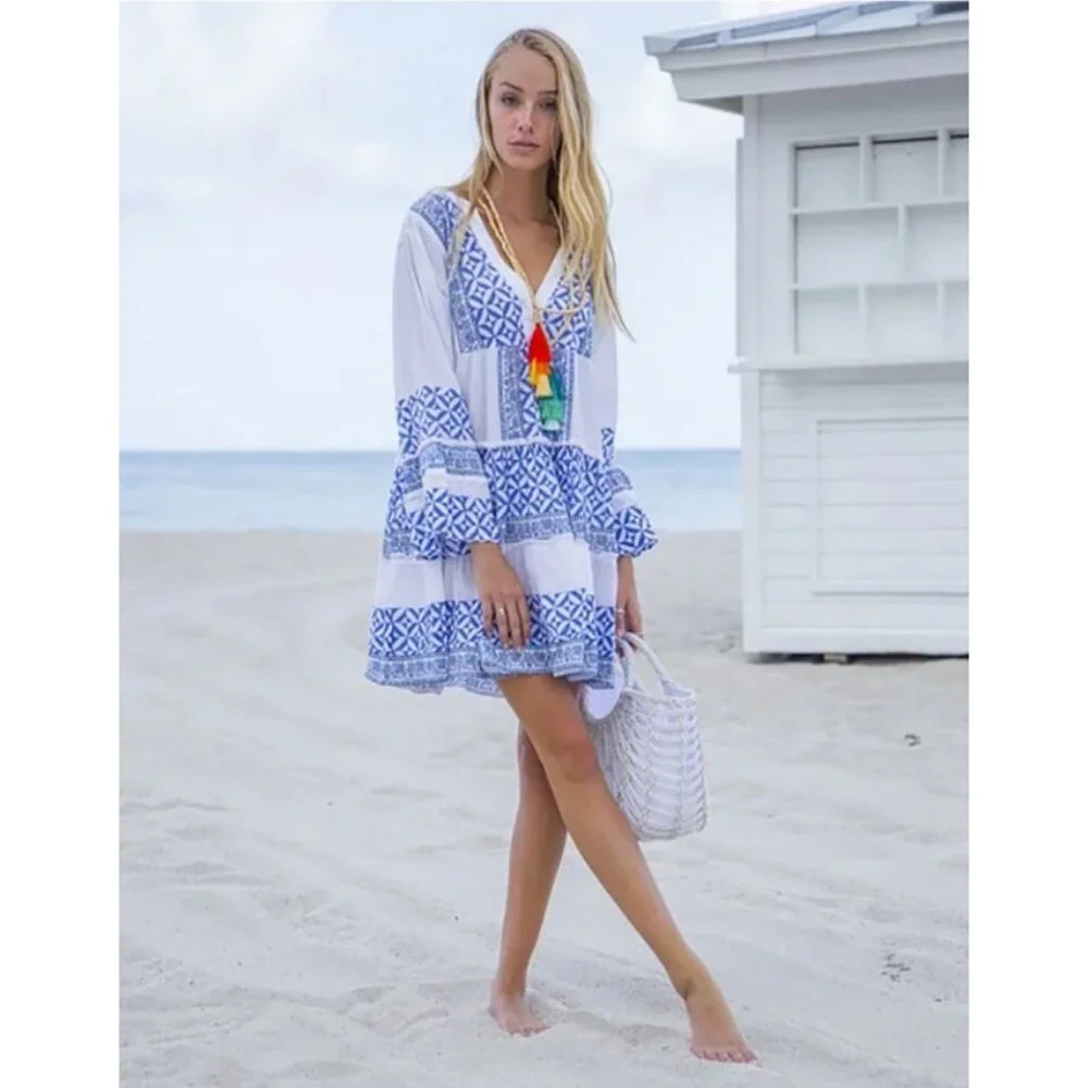 Bindu Salma Boho Hippie Beach Vacation Casual Flared Sleeve Mini Dress Small - Picture 3 of 10